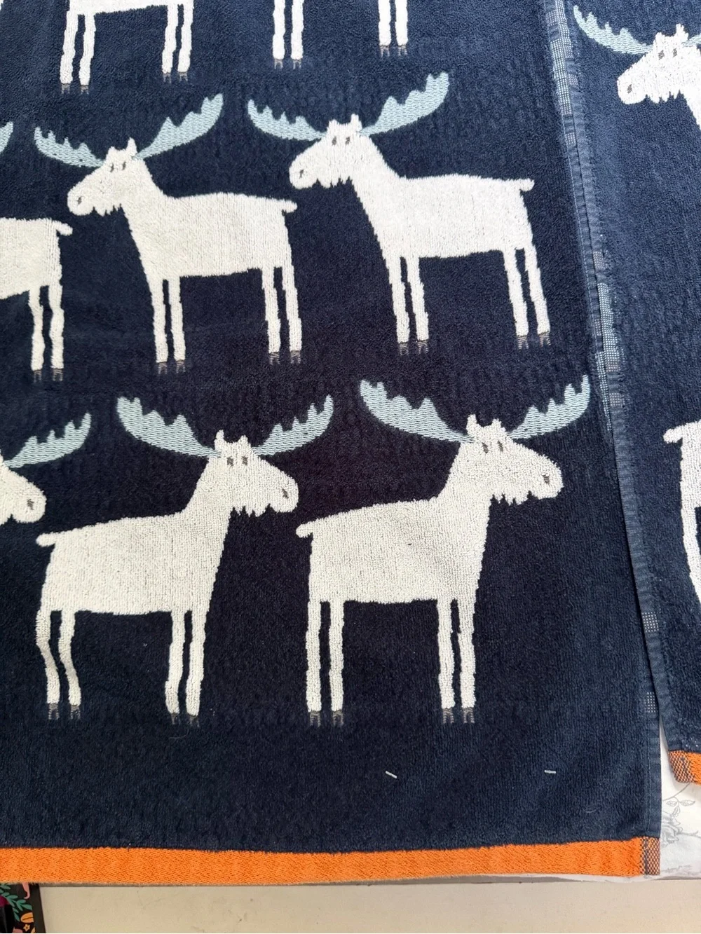 Moose Pattern Bath Towels - Navy, White & Light Blue